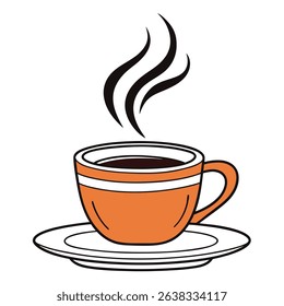 Features a steaming hot drink in an orange striped cup, placed on a white saucer, presented on a transparent background, ideal for use in digital designs.
