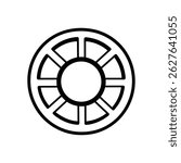 Features a striking circular geometric emblem, evoking ancient symbols. Design utilizes a transparent background. The black sun symbol icon emphasizes simplicity.