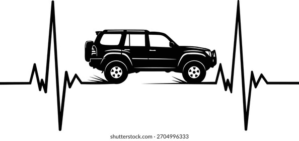Features a striking vehicle design integrated into a heartbeat line, a bold silhouette.