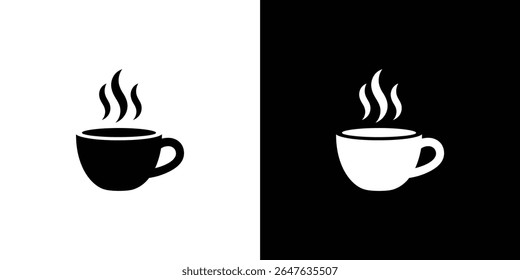 Features a stylized black and white design split vertically with two simple coffee mug icons releasing steam. One mug is black on white, and the other reverses this.