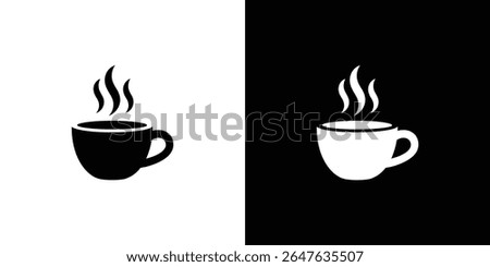 Features a stylized black and white design split vertically with two simple coffee mug icons releasing steam. One mug is black on white, and the other reverses this.