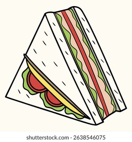 Features a stylized cartoon sandwich with tomato, cheese, and lettuce on bread. Shows its tasty fillings against a plain, neutral backdrop in a clean, outlined design.