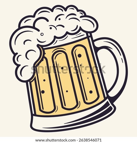 Features a stylized, cartoonish mug of lager beer with a frothy foam head. The design includes simple lines and a light yellow fill, set against a white backdrop.