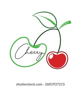 Features a stylized cherry fruit with a minimalist design, showcasing red fruit, green leaves, and the word Cherry in script, all outlined against a white backdrop.