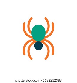 Features a stylized depiction of a spider, showcasing a teal upper body, a dark blue lower body, and distinct orange legs, set against a white background.