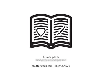 Features a stylized icon of an open book with a heart on the left page and a feather on the right, presented as a black shape against a transparent background.