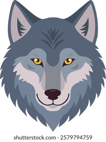 Features a stylized illustration of a wolf's face. The wolf has a confident and intense expression, with piercing yellow eyes, pointed ears, and detailed fur patterns in shades of gray and white