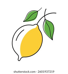 Features a stylized lemon, showcasing a clean, minimalist drawing with a bold black outline. The lemon is paired with green leaves, adding a fresh, vibrant touch.