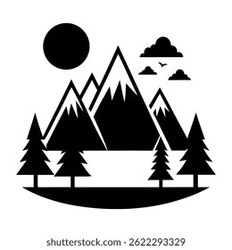 Features a stylized mountain range with snow-capped peaks, evergreen pine trees, clouds, and the sun, all set against a transparent background.