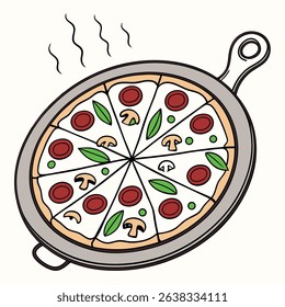 Features a stylized pepperoni pizza served on a pan, complemented by basil, mushroom toppings, and rising steam against a clean white backdrop.