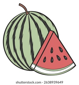 Features a stylized whole watermelon and a slice adorned with seeds, all set against a transparent background in a detailed, clean illustrative style.