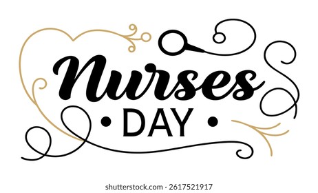 Features the text Nurses Day in a calligraphic design, embellished with golden ornaments and stethoscope on a transparent backdrop for versatile use.