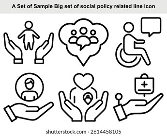Features thin line social policy icons including hands holding figures, community engagement, disability support with speech bubble on transparent background.