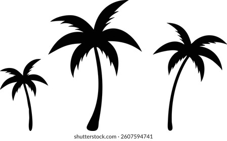 Features three black palm trees as silhouettes on a white background. The minimalist, flat style gives a clean and summery feel to the design.