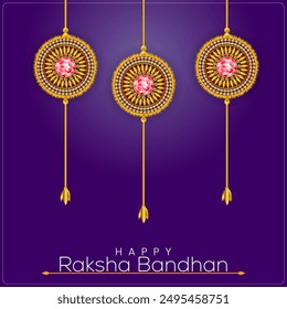  It features three rakhis hanging from golden threads against a dark blue background the rakhis have intricate gold designs with red gemstones in the center appy Raksha Bandha is written at the bottom