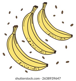 Features three ripe bananas, each displaying a cheerful yellow peel adorned with distinctive brown spots, scattered seeds against a clean white background.