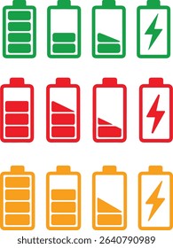Features three rows of battery icons showing energy levels and charging in green, red, and yellow against a clean white backdrop.