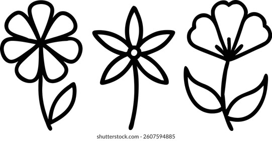 Features three unique black outline flower designs with stems and leaves arranged in a simple row, contrasted against a clean, white backdrop.