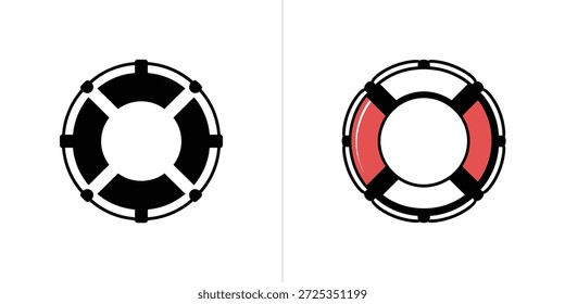 Cuenta con dos anillos salvavidas distintos. Uno en negro sólido, el otro con rayas rojas y blancas, ambos sobre un fondo blanco limpio.