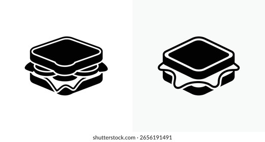 Presenta dos iconos isométricos de sándwich sobre un fondo transparente, que representan la comida y el símbolo. Silueta de pictograma de sándwich simple y minimalista.