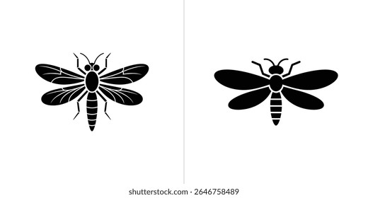 Apresenta dois ícones de insetos simples, apresentando formas de asa distintas, seis pernas cada, e antenas, todas em preto em um fundo transparente.