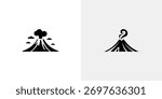 Features two stylized volcano icons; one with a cloud of smoke and lava flow, the other with swirling smoke, set against a transparent background.