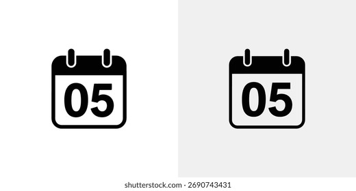 Cuenta con dos variaciones de un icono de calendario de día minimalista con el número 05, renderizado como una silueta negra sobre fondos blancos y grises claros contrastantes.