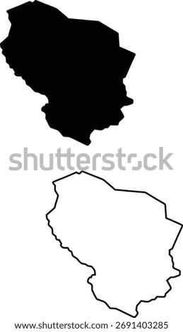 Features two versions of an unknown territorial shape, a dark silhouette and a simple white outline on a pure white field.