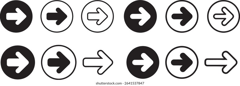 Features various arrow icon styles solid, outlined, circular, and linear, all pointing right. Presented in black and white with a transparent backdrop.