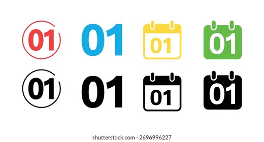 Cuenta con varios iconos coloridos número uno. Incluye variaciones de números e íconos de calendario sobre un fondo blanco con vibrantes Elementos de diseño modernos.