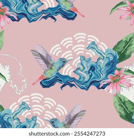 features various elements of nature set on a pastel pink background