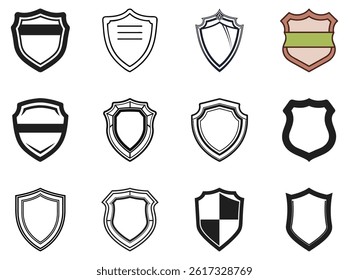 Features various shield illustrations with diverse shapes, outlines, and fills, all set against a clean, white background. Each emblem shows unique details.