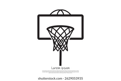 Apresenta uma ilustração vetorial de um aro de basquete com uma rede e post. Isolado contra um fundo branco. Design simples, limpo em preto e branco.