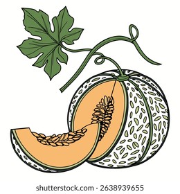 Apresenta uma ilustração vetorial de um melão de cantalupo fatiado com sementes, ao lado de uma peça de melão e uma folha, apresentando uma fruta saudável com cores vibrantes, em um estilo cartoon.