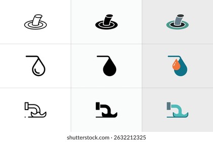 Features a versatile icon set of water-related designs, including a drain, droplet, and pipe, depicted in line art, solid fill, and a stylized, colorful rendition.