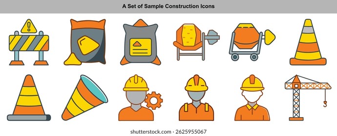 Features vibrant flat design construction icons including barriers, sandbags, concrete mixers, traffic cones, and builders wearing safety hard hats on a transparent background.