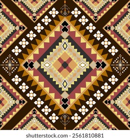 features a vibrant geometric pattern with interlocking diamond shapes, earthy tones, and detailed floral accents. The symmetry and layered motifs evoke a traditional yet modern aesthetic.