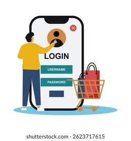 Features vibrant mobile app screens showcasing shopping online categories, user interaction, and a simplified login process.