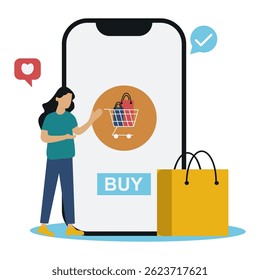 Features vibrant mobile app screens showcasing shopping online categories, user interaction, and a simplified login process.