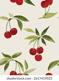 features vibrant red cherries tied to branches and green leaves in various shades on a cream-colored background