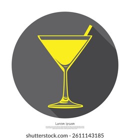 Features a vibrant yellow martini glass with a straw, presented in a minimalist flat design style against a solid gray circular background.