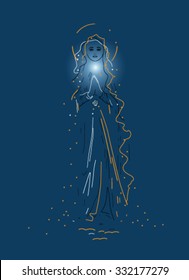 the features of the Virgin Mary on a dark blue background