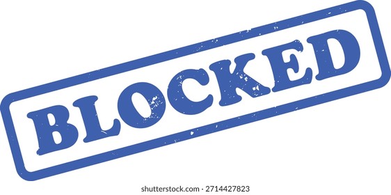 Features a vivid blue 'Blocked' text inside a rectangular frame. The stamp design has a rubber texture and a bright white background, making the text pop.