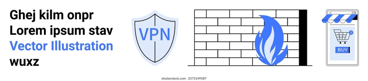 Features a VPN shield, a firewall represented by a brick wall with a flame, and an e-commerce icon. Ideal for cybersecurity, VPN services, online protection, e-commerce, digital safety. Banner