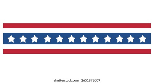 Features white background with red horizontal stripes and a blue band filled with white stars, evoking an American symbol.