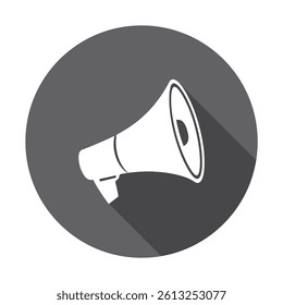 Features a white megaphone set against a dark gray circular backdrop, enhanced with a soft shadow, creating a clean, stylized vector design.