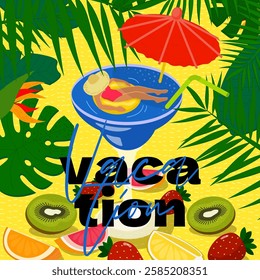 Features woman enjoying summer vacation in cocktail pool. Perfect for tropical, beach or party themes. Ideal for promoting holiday, event or lifestyle activities. Drawing square vector banner.