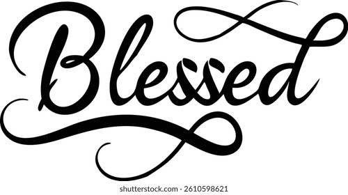 Features the word Blessed in an elegant, flowing black cursive script. Isolated against a clean white background, designed with attention to detail, showcases distinct calligraphy.