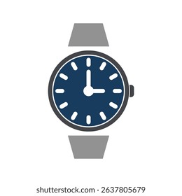 Features a wristwatch icon. It has a gray strap and a striking blue face with white markers, set against a clean white background. Modern and Minimalist Design.