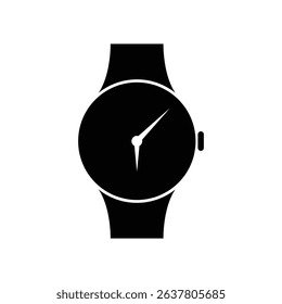 Features a wristwatch in minimalist style. The watch is depicted as a black silhouette with precise hour and minute hands. Shows modern timekeeping with transparent background.